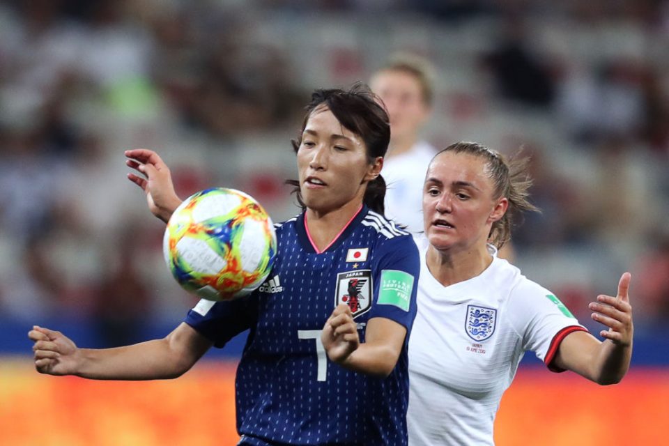 Japan's midfielder Emi Nakajima (L) vies for the ball with England's midfielder Georgia Stanway during the France 2019 Women's World Cup Group D football match between Japan and England, on June 19, 2019, at the Nice Stadium in Nice, southeastern France. (Photo by Valery HACHE / AFP) (Photo credit should read VALERY HACHE/AFP/Getty Images)