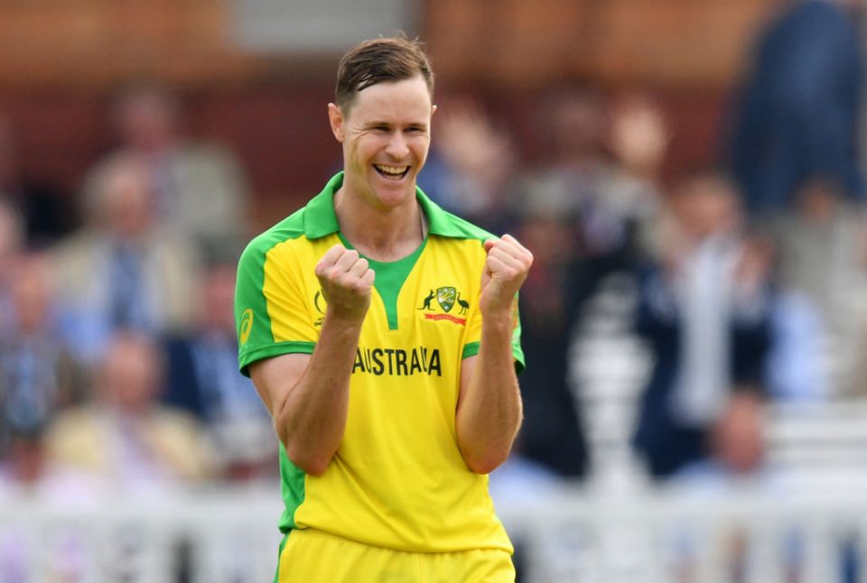 Australia's Jason Behrendorff celebrates after the dismissal of England's Jofra Archer during the 2019 Cricket World Cup group stage match between England and Australia at Lord's Cricket Ground in London on June 25, 2019. (Photo by SAEED KHAN / AFP) / RESTRICTED TO EDITORIAL USE (Photo credit should read SAEED KHAN/AFP/Getty Images)