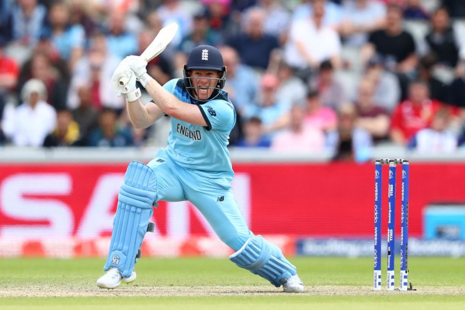 MANCHESTER, ENGLAND - JUNE 18: Eoin Morgan of England hits through the offside during the Group Stage match of the ICC Cricket World Cup 2019 between England and Afghanistan at Old Trafford on June 18, 2019 in Manchester, England. (Photo by Michael Steele/Getty Images)