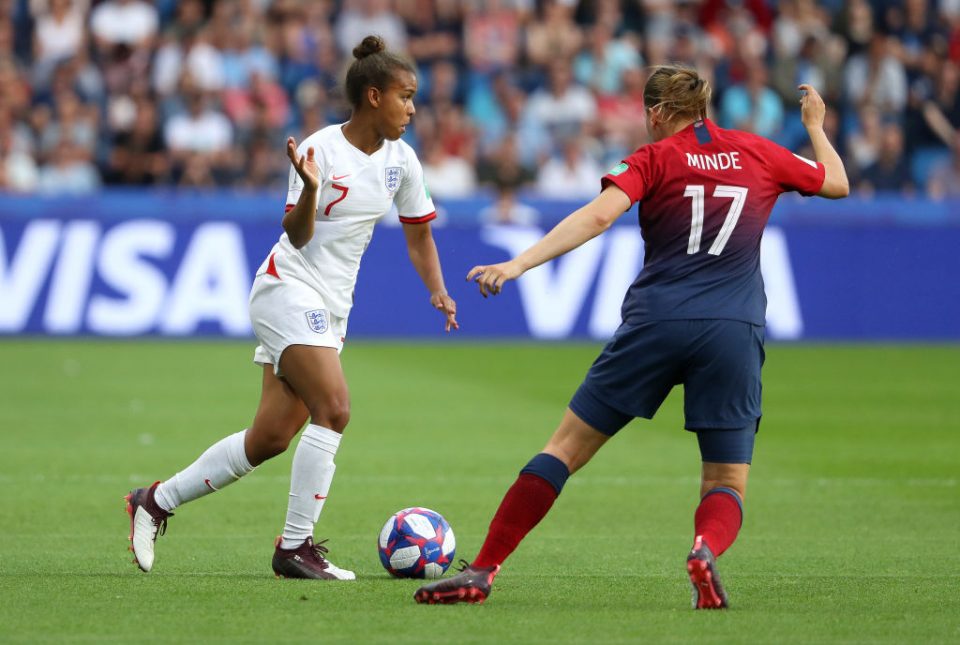 LE HAVRE, FRANCE - JUNE 27: Nikita Parris of England takes on Kristine Minde of Norway during the 2019 FIFA Women's World Cup France Quarter Final match between Norway and England at Stade Oceane on June 27, 2019 in Le Havre, France. (Photo by Robert Cianflone/Getty Images)