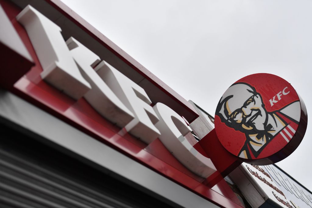 The signage outside a closed KFC fast food store is seen in south London on February 19, 2018. - US fast food chain KFC said on February 19 it had been forced to close many restaurants in Britain because of a new supplier failing to deliver chicken in time, generating some tongue-in-cheek outrage on Twitter. (Photo by BEN STANSALL / AFP)        (Photo credit should read BEN STANSALL/AFP/Getty Images)