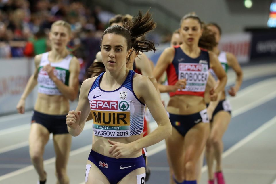 GLASGOW, SCOTLAND - MARCH 03: Laura Muir of Great Britain in action during the final of the women's 1500m on day three of the 2019 European Athletics Indoor Championships at Emirates Arena on March 3, 2019 in Glasgow, Scotland. (Photo by Ian MacNicol/Getty Images)