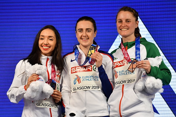 (L-R) Silver medallist Poland's Sofia Ennaoui, gold medallist Britain's Laura Muir and bronze medallist Ireland's Ciara Mageean pose on the podium after the womens 1500m final at the 2019 European Athletics Indoor Championships in Glasgow on March 3, 2019. (Photo by Ben STANSALL / AFP) (Photo credit should read BEN STANSALL/AFP/Getty Images)