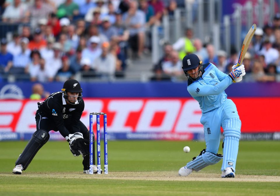 CHESTER-LE-STREET, ENGLAND - JULY 03: Jason Roy of England in action batting as Tom Lathan of New Zealand looks on during the Group Stage match of the ICC Cricket World Cup 2019 between England and New Zealand at Emirates Riverside on July 03, 2019 in Chester-le-Street, England. (Photo by Clive Mason/Getty Images)