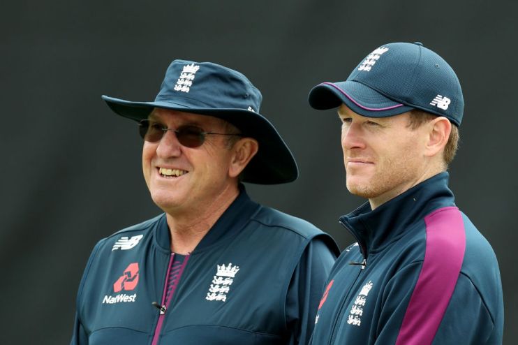 BIRMINGHAM, ENGLAND - JULY 10: Head Coach of England Trevor Bayliss and Eoin Morgan, England Cricket captain look on during the England net session at Edgbaston on July 10, 2019 in Birmingham, England. (Photo by David Rogers/Getty Images)