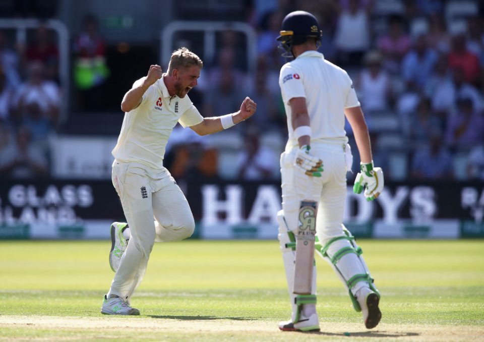 LONDON, ENGLAND - JULY 24: Olly Stone of England takes the wicket of Andy Balbirnie of Ireland during day one of the Specsavers Test Match between England and Ireland at Lord's Cricket Ground on July 24, 2019 in London, England. (Photo by Julian Finney/Getty Images)