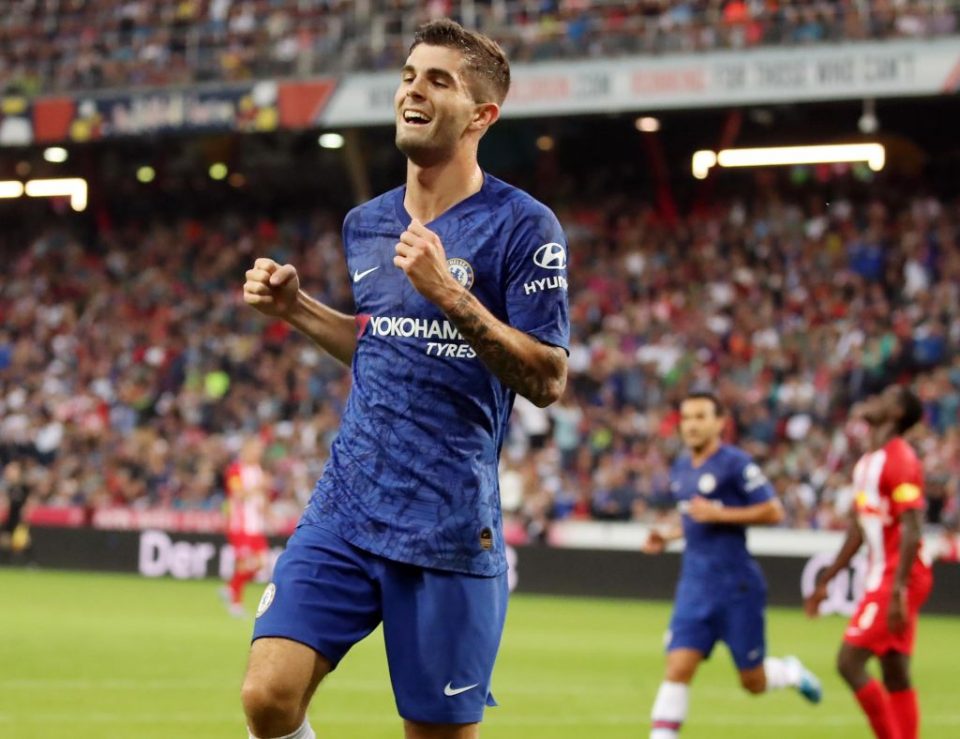 Chelsea's US forward Christian Pulisic celebrate scoring during the pre-season froendly football match between Red Bull Salzburg and Chelsea in Salzburg on July 31, 2019. (Photo by KRUGFOTO / APA / AFP) / Austria OUT (Photo credit should read KRUGFOTO/AFP/Getty Images)