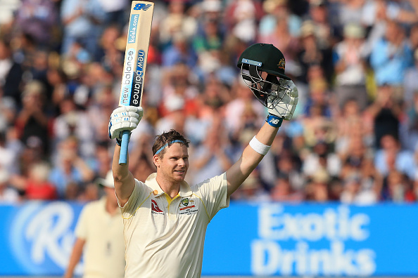 Australia's Steve Smith celebrates his century on the opening day of the first Ashes cricket Test match between England and Australia at Edgbaston in Birmingham, central England on August 1, 2019. (Photo by Lindsey Parnaby / AFP) / RESTRICTED TO EDITORIAL USE. NO ASSOCIATION WITH DIRECT COMPETITOR OF SPONSOR, PARTNER, OR SUPPLIER OF THE ECB (Photo credit should read LINDSEY PARNABY/AFP/Getty Images)