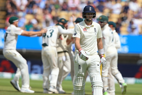 England's captain Joe Root walks back to the pavilion after losing his wicket for 28 during play on the fifth day of the first Ashes cricket Test match between England and Australia at Edgbaston in Birmingham, central England on August 5, 2019. (Photo by Lindsey Parnaby / AFP) / RESTRICTED TO EDITORIAL USE. NO ASSOCIATION WITH DIRECT COMPETITOR OF SPONSOR, PARTNER, OR SUPPLIER OF THE ECB (Photo credit should read LINDSEY PARNABY/AFP/Getty Images)
