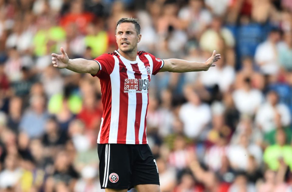 CHESTERFIELD, ENGLAND - JULY 23: Phil Jagielka of Sheffield United gestures during the Pre-Season Friendly match between Chesterfield and Sheffield United at  on July 23, 2019 in Chesterfield, England. (Photo by Nathan Stirk/Getty Images)