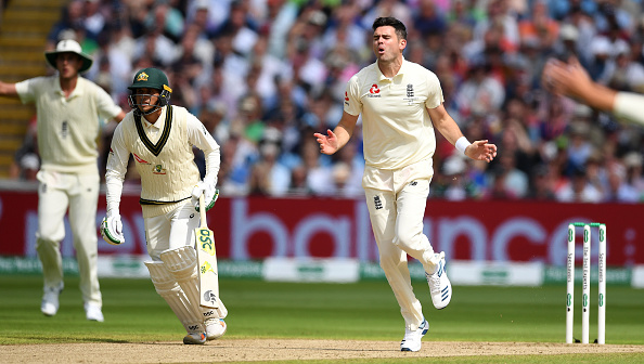 BIRMINGHAM, ENGLAND - AUGUST 01: James Anderson of England reacts after bowling during day one of the 1st Specsavers Ashes Test between England and Australia at Edgbaston on August 01, 2019 in Birmingham, England. (Photo by Gareth Copley/Getty Images)