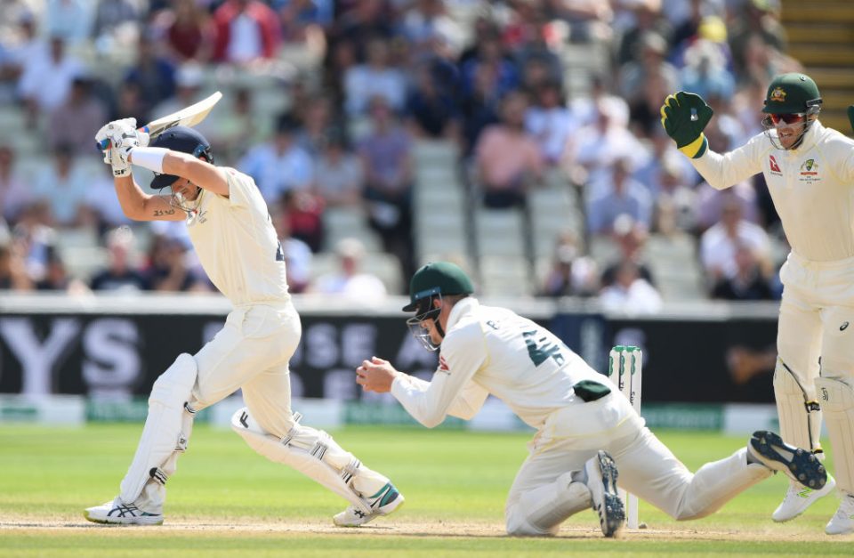 BIRMINGHAM, ENGLAND - AUGUST 05: England batsman Joe Denly is caught by fielder Cameron Bancroft off the bowling of Nathan Lyon during the fifth day of the 1st Test match between England and Australia at Edgbaston on August 05, 2019 in Birmingham, England. (Photo by Stu Forster/Getty Images)