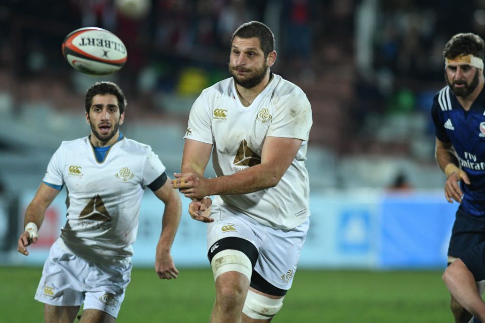 TBILISI , GEORGIA - NOVEMBER 25: Kote Mikautadze of Georgia passes during Georgia vs USA rugby international test match at Mikheil Meskhi Stadium on November 25, 2017 in Tbilisi, Georgia. (Photo by Levan Verdzeuli/Getty Images)