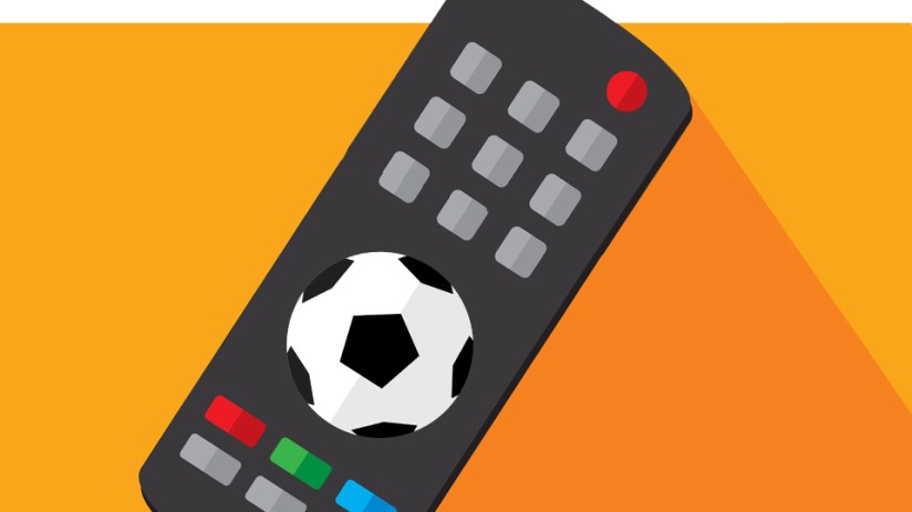 Vector illustration of a TV remote against an orange background in flat style.