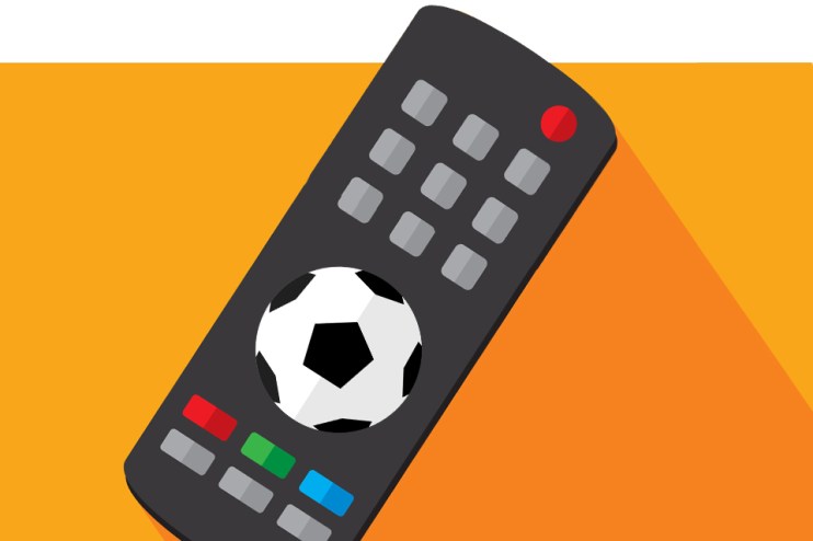 Vector illustration of a TV remote against an orange background in flat style.