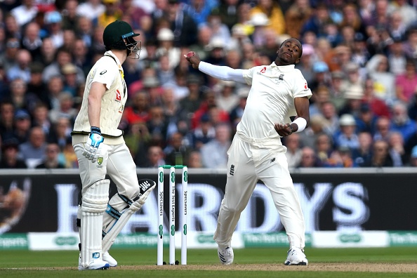 England's Jofra Archer bowls on the first day of the fourth Ashes cricket Test match between England and Australia at Old Trafford in Manchester, north-west England on September 4, 2019. (Photo by Paul ELLIS / AFP) / RESTRICTED TO EDITORIAL USE. NO ASSOCIATION WITH DIRECT COMPETITOR OF SPONSOR, PARTNER, OR SUPPLIER OF THE ECB        (Photo credit should read PAUL ELLIS/AFP/Getty Images)