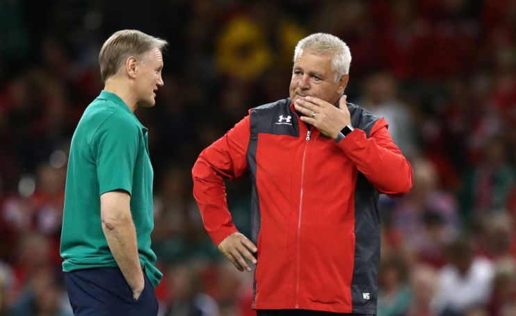 CARDIFF, WALES - AUGUST 31: Coaches Joe Schmidt (l) and Warren Gatland in conversation before the International match between Wales and Ireland at Principality Stadium on August 31, 2019 in Cardiff, Wales. (Photo by Stu Forster/Getty Images)