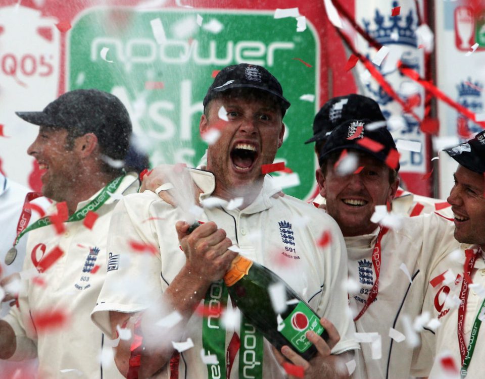 LONDON - SEPTEMBER 12: Andrew Flintoff of England celebrates after England regained the Ashes during day five of the Fifth npower Ashes Test match between England and Australia at the Brit Oval on September 12, 2005 in London, England.  (Photo by Tom Shaw/Getty Images)