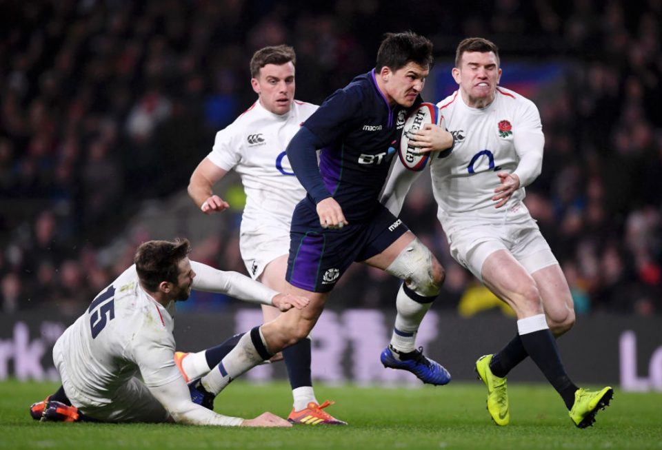 LONDON, ENGLAND - MARCH 16: Sam Johnson of Scotland evades Elliot Daly, George Ford and Ben Spencer of England as he crosses to score their sixth try during the Guinness Six Nations match between England and Scotland at Twickenham Stadium on March 16, 2019 in London, England. (Photo by Laurence Griffiths/Getty Images)