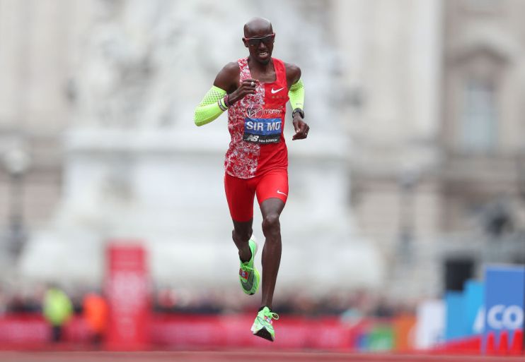LONDON, ENGLAND - APRIL 28: Mo Farah of Great Britain runs towards the finish line during the Men's Elite race during the 2019 Virgin Money London Marathon in the United Kingdom on April 28, 2019 in London, England. (Photo by Naomi Baker/Getty Images)
