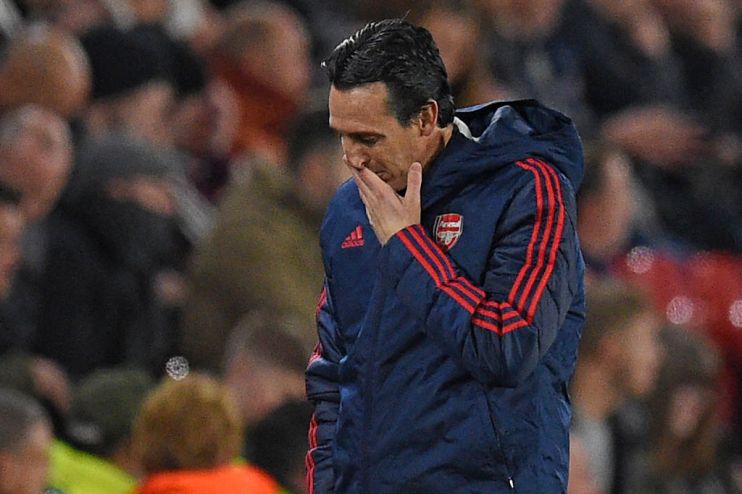 Arsenal's Spanish head coach Unai Emery reacts on the touchline after they go behind during the English Premier League football match between Sheffield United and Arsenal at Bramall Lane in Sheffield, northern England on October 21, 2019. (Photo by Oli SCARFF / AFP) / RESTRICTED TO EDITORIAL USE. No use with unauthorized audio, video, data, fixture lists, club/league logos or 'live' services. Online in-match use limited to 120 images. An additional 40 images may be used in extra time. No video emulation. Social media in-match use limited to 120 images. An additional 40 images may be used in extra time. No use in betting publications, games or single club/league/player publications. / (Photo by OLI SCARFF/AFP via Getty Images)