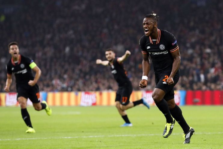 Chelsea's Belgian striker Michy Batshuayi (R)celebrates after scoring a goal during the UEFA Champions League Group H football match between Ajax Amsterdam and Chelsea on October 23, 2019 at the Johan Cruijff Arena, in Amsterdam. (Photo by Maurice van STEEN / ANP / AFP) / Netherlands OUT (Photo by MAURICE VAN STEEN/ANP/AFP via Getty Images)