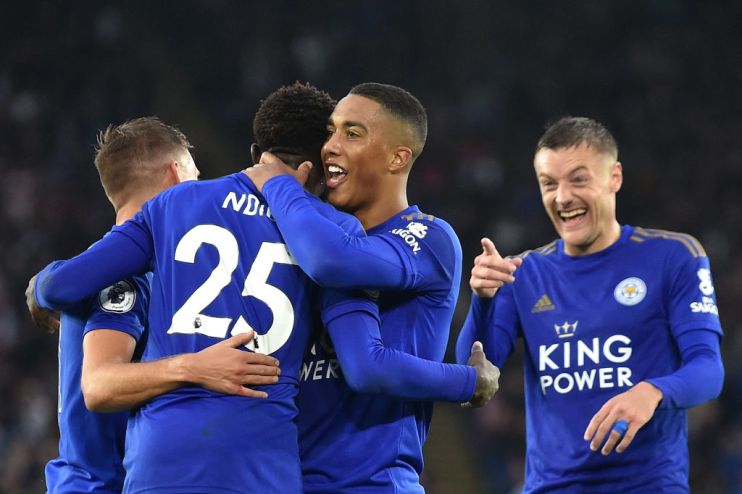 LEICESTER, ENGLAND - SEPTEMBER 29: Wilfred Ndidi of Leicester City celebrates with teammates after scoring his team's fifth goal during the Premier League match between Leicester City and Newcastle United at The King Power Stadium on September 29, 2019 in Leicester, United Kingdom. (Photo by Nathan Stirk/Getty Images)