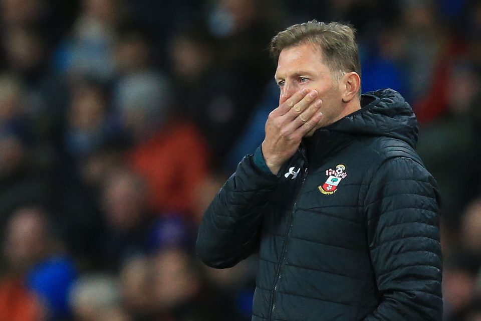 Southampton's Austrian manager Ralph Hasenhuttl reacts during the English League Cup fourth round football match between Manchester City and Southampton at the Etihad Stadium in Manchester, north west England, on October 29, 2019. (Photo by Lindsey Parnaby / AFP) / RESTRICTED TO EDITORIAL USE. No use with unauthorized audio, video, data, fixture lists, club/league logos or 'live' services. Online in-match use limited to 75 images, no video emulation. No use in betting, games or single club/league/player publications. / (Photo by LINDSEY PARNABY/AFP via Getty Images)