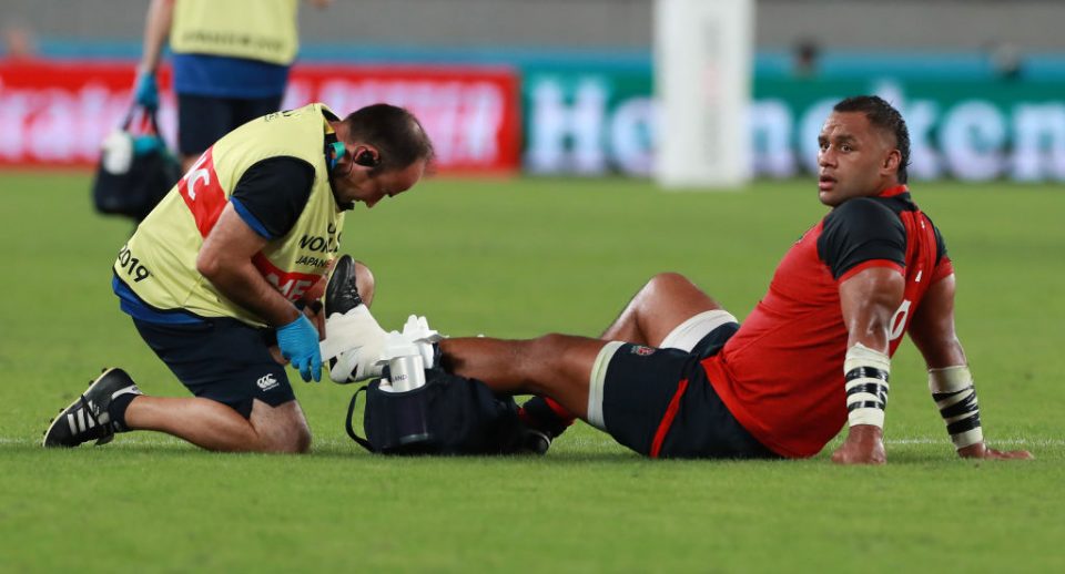 CHOFU, JAPAN - OCTOBER 05: Billy Vunipola of England has his left foot strapped during the Rugby World Cup 2019 Group C game between England and Argentina at Tokyo Stadium on October 05, 2019 in Chofu, Tokyo, Japan. (Photo by David Rogers/Getty Images)
