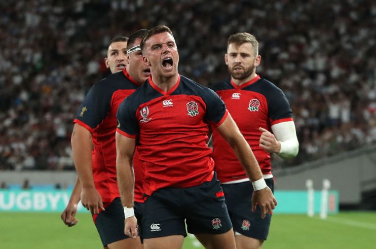 CHOFU, JAPAN - OCTOBER 05: George Ford of England celebrates after scoring a try during the Rugby World Cup 2019 Group C game between England and Argentina at Tokyo Stadium on October 05, 2019 in Chofu, Tokyo, Japan. (Photo by David Rogers/Getty Images)