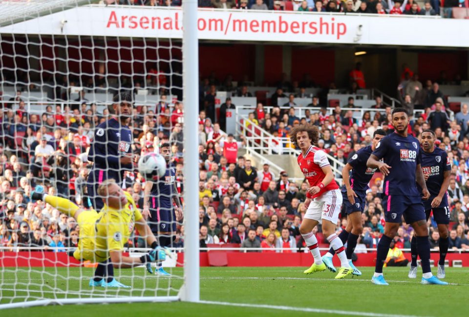 LONDON, ENGLAND - OCTOBER 06: David Luiz of Arsenal scores his team's first goal during the Premier League match between Arsenal FC and AFC Bournemouth at Emirates Stadium on October 06, 2019 in London, United Kingdom. (Photo by Catherine Ivill/Getty Images)