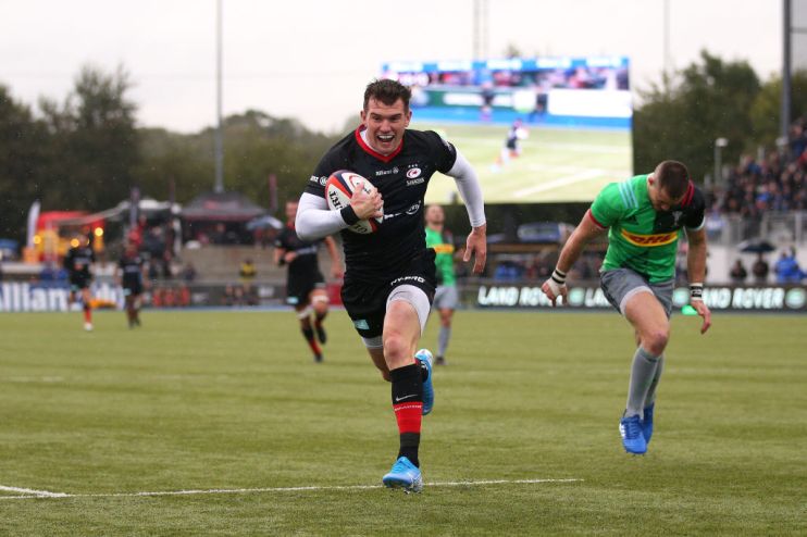 BARNET, ENGLAND - OCTOBER 12: Ben Spencer of Saracens breaks before scoring his team's third try during the Premiership Rugby Cup Fourth Round match between Saracens and Harlequins at Allianz Park on October 12, 2019 in Barnet, England. (Photo by James Chance/Getty Images)