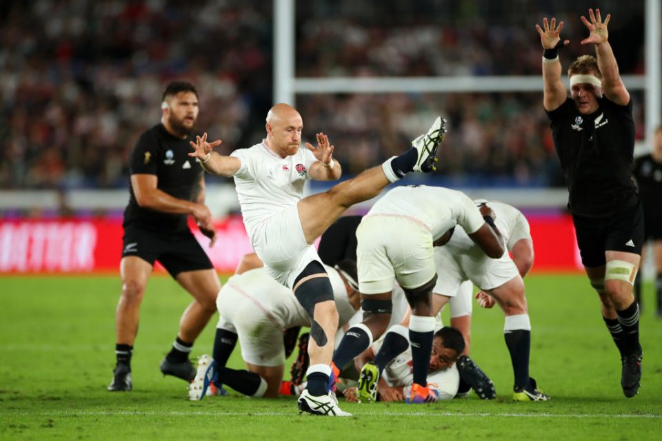 YOKOHAMA, JAPAN - OCTOBER 26: Willi Heinz of England makes a box kick during the Rugby World Cup 2019 Semi-Final match between England and New Zealand at International Stadium Yokohama on October 26, 2019 in Yokohama, Kanagawa, Japan. (Photo by Cameron Spencer/Getty Images)
