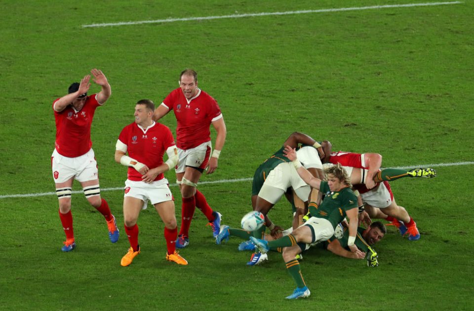 YOKOHAMA, JAPAN - OCTOBER 27: Faf de Klerk of South Africa kicks the ball upfield during the Rugby World Cup 2019 Semi-Final match between Wales and South Africa at International Stadium Yokohama on October 27, 2019 in Yokohama, Kanagawa, Japan. (Photo by Shaun Botterill/Getty Images)