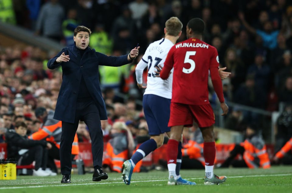 LIVERPOOL, ENGLAND - OCTOBER 27: Mauricio Pochettino, Manager of Tottenham Hotspur reacts towards Christian Eriksen of Tottenham Hotspur during the Premier League match between Liverpool FC and Tottenham Hotspur at Anfield on October 27, 2019 in Liverpool, United Kingdom. (Photo by Jan Kruger/Getty Images)