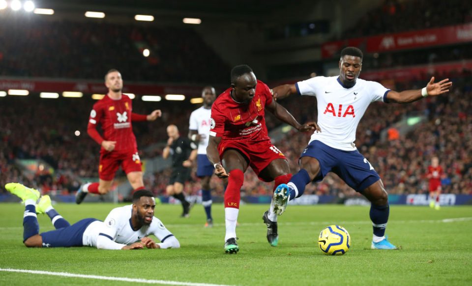 LIVERPOOL, ENGLAND - OCTOBER 27: Sadio Mane of Liverpool battles with Serge Aurier and Danny Rose of Tottenham Hotspur during the Premier League match between Liverpool FC and Tottenham Hotspur at Anfield on October 27, 2019 in Liverpool, United Kingdom. (Photo by Jan Kruger/Getty Images)
