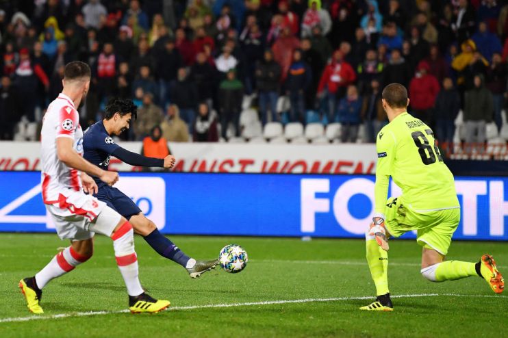 BELGRADE, SERBIA - NOVEMBER 06: Heung-Min Son of Tottenham Hotspur scores his team's second goal during the UEFA Champions League group B match between Crvena Zvezda and Tottenham Hotspur at Rajko Mitic Stadium on November 06, 2019 in Belgrade, Serbia. (Photo by Justin Setterfield/Getty Images)