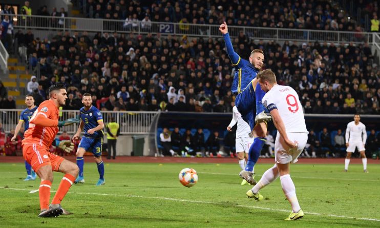 PRISTINA, KOSOVO - NOVEMBER 17: Harry Kane of England scores his team's second goal during the UEFA Euro 2020 Qualifier between Kosovo and England at the Pristina City Stadium on November 17, 2019 in Pristina, Kosovo. (Photo by Michael Regan/Getty Images)