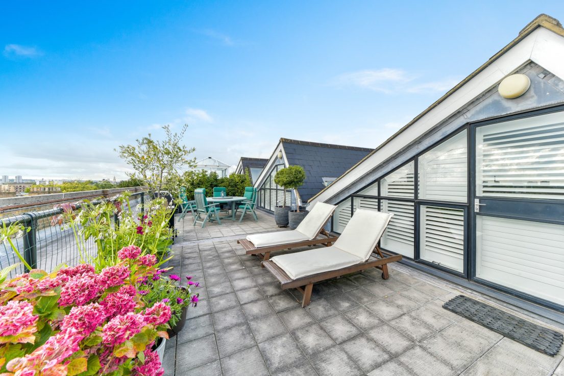 The roof terrace of the penthouse at Chimney Court, Wapping