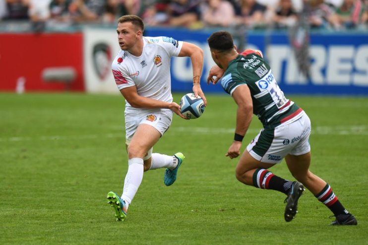 Joe Simmonds in action for Exeter Chiefs in their new shirt, minus a title sponsor