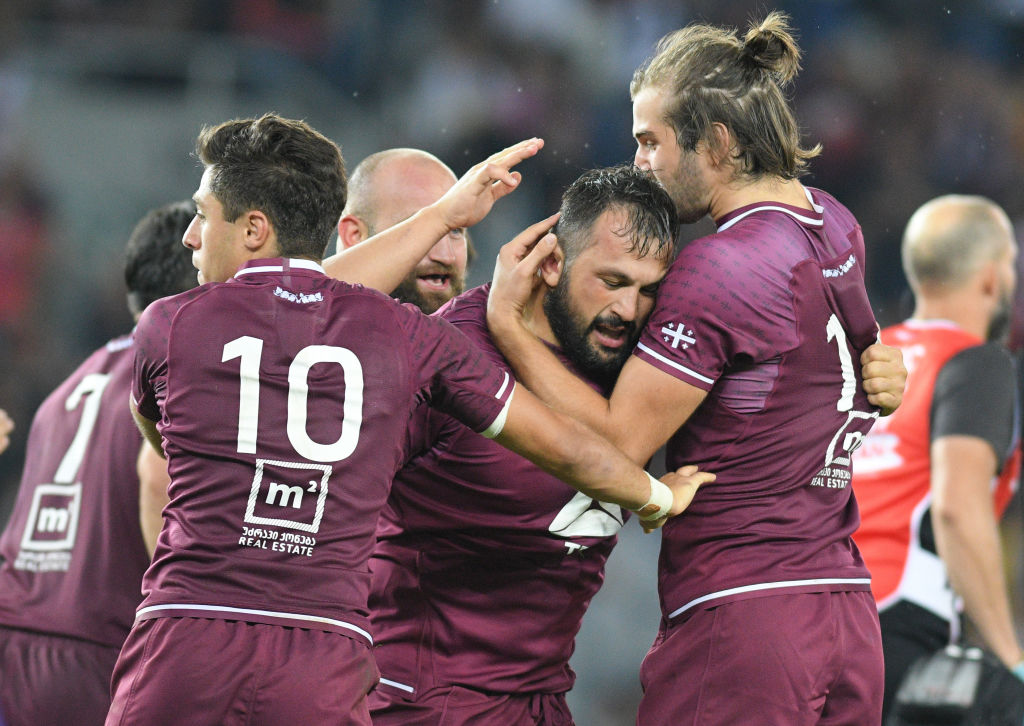 TBILISI, GEORGIA - AUGUST 31: Tedo Abzhandadze, Karlen Asieshvili and Mirian Modebadze of Georgia celebrate their try during the rugby international match between Georgia and Scotland at Dinamo Arena on August 31, 2019 in Tbilisi, Georgia. (Photo by Levan Verdzeuli/Getty Images)