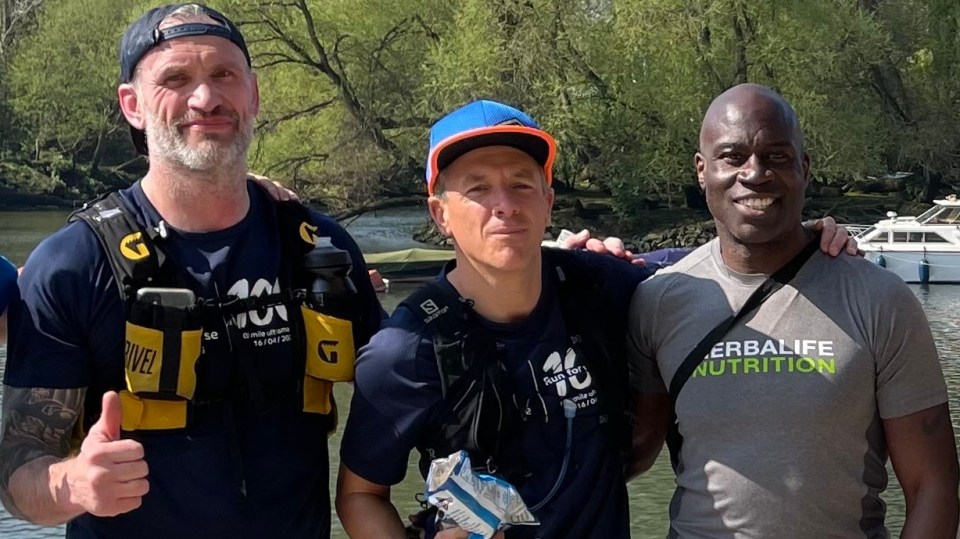 Jamie Peacock (left) was joined by sports agency founder Simon Dent (middle) and fellow former rugby league star Martin Offiah (right) on the run