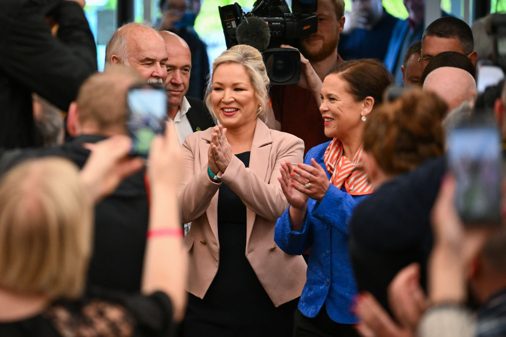 Sinn Fein northern leader,  Michelle O'Neill and Mary Lou McDonald, Sinn Féin leader are seen with candidates and activists at the declaration in Northern Irland’s Election at the Meadowbank count. This election will elect 90 members to the Northern Ireland Assembly. It will be the seventh election since the Assembly was established in 1998. (Photo by Jeff J Mitchell/Getty Images)