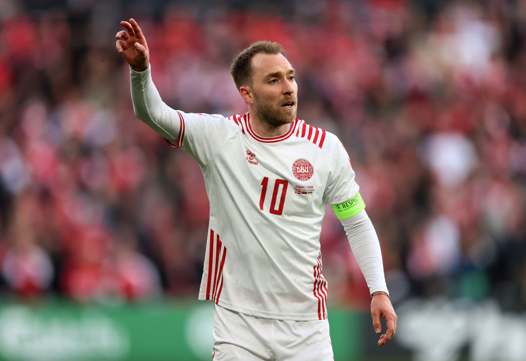 COPENHAGEN, DENMARK - MARCH 29: Christian Eriksen of Denmark reacts during the international friendly match between Denmark and Serbia at Parken Stadium on March 29, 2022 in Copenhagen, Denmark. (Photo by Martin Rose/Getty Images)