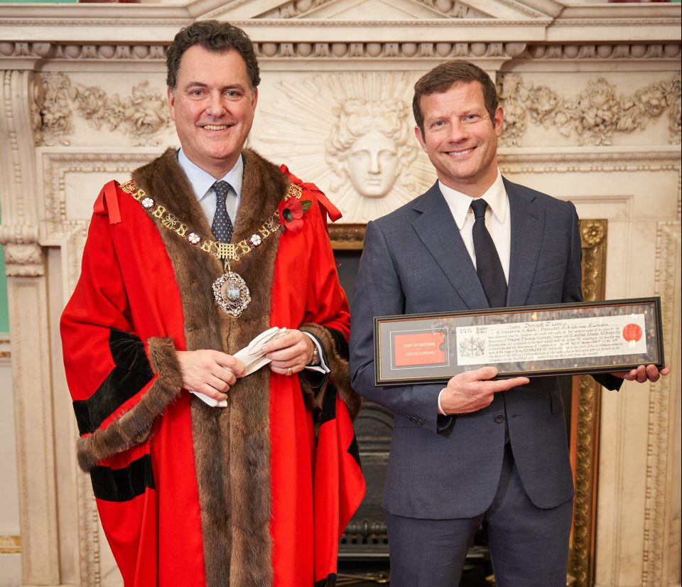 Dermot O’Leary photographed with the Lord Mayor of the City of London, Vincent Keaveny, at The Mansion House in the City of London, EC4, following his Freedom of the City of London ceremony