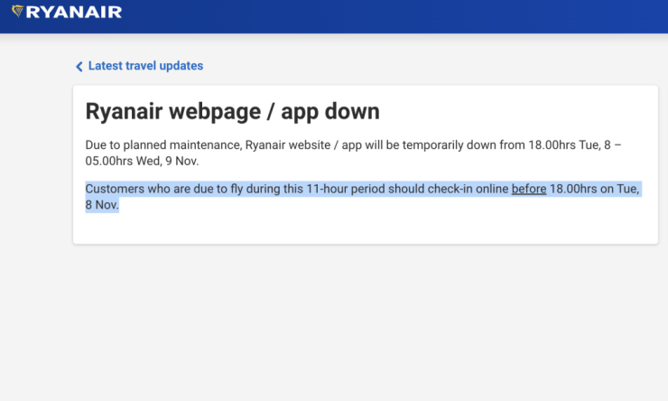 Passengers have been urged to check in early as Ryanair’s website is set to undergo maintenance works later this month.