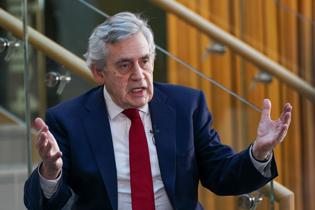 LEEDS, ENGLAND - DECEMBER 05: Former Labour Prime Minister, Gordon Brown, takes questions after he speaks on the Commission on the UK’s Future report on December 05, 2022 in Leeds, England. After former Prime Minister Gordon Brown delivered proposals to drive growth in the UK via the Commission On The UK's Future Report, Labour Leader, Keir Starmer, set out proposals on how his Labour government would spread power, wealth and opportunity across the UK. (Photo by Ian Forsyth/Getty Images)