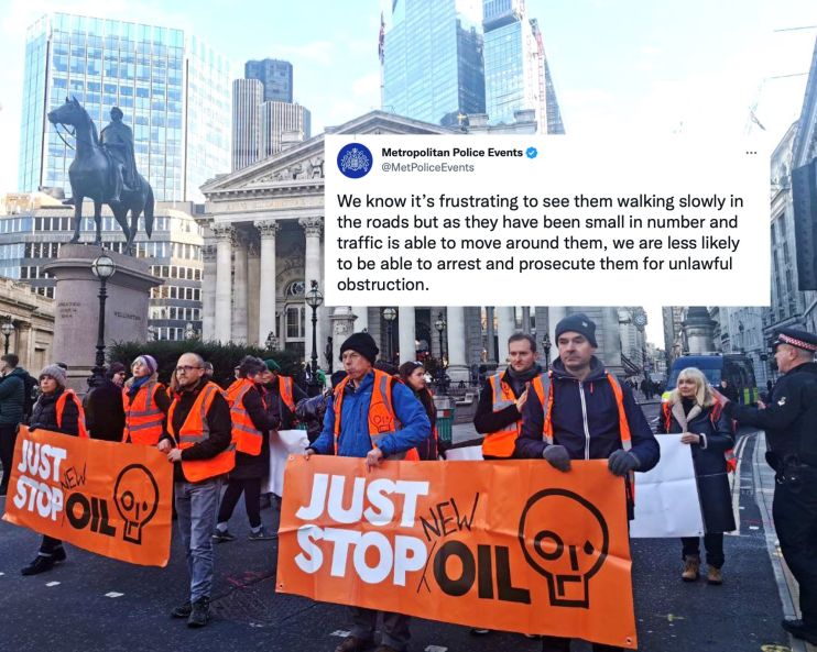 Just Stop Oil in the junction around Bank, with the Met Police's tweet explaining why they can't be arrested.