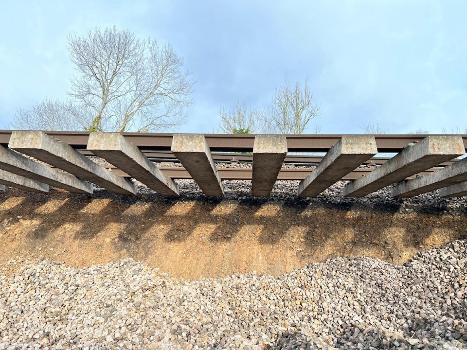 Network Rail image of a 44-metre landslip which happened on the embankment to the northeast of Hook station in Hampshire on the line from London to Basingstoke. Major disruption is expected as a main railway line has collapsed in a "huge" landslip which left one track hanging in mid-air. Issue date: Sunday January 15, 2023.