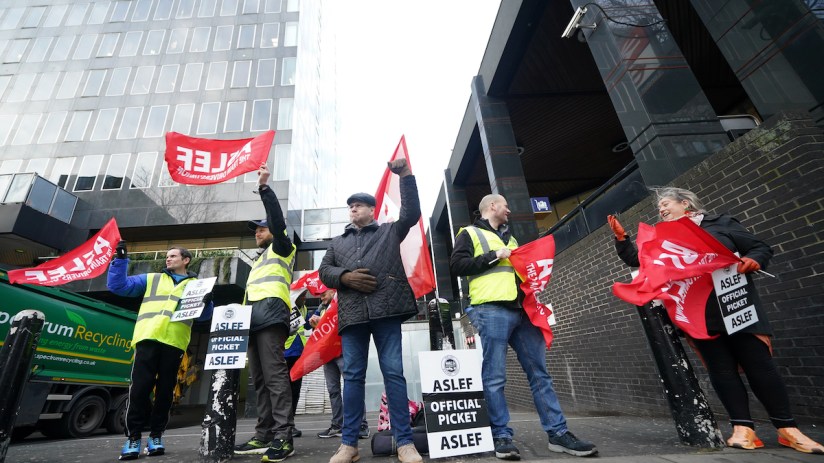 Aslef train workers on the picket line at Euston station in London.